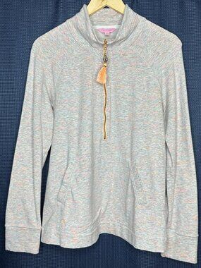 Lilly Pulitzer 1/2 Zip Mock Neck Top Medium Logo Zipper Pull Colorful Resort Fun